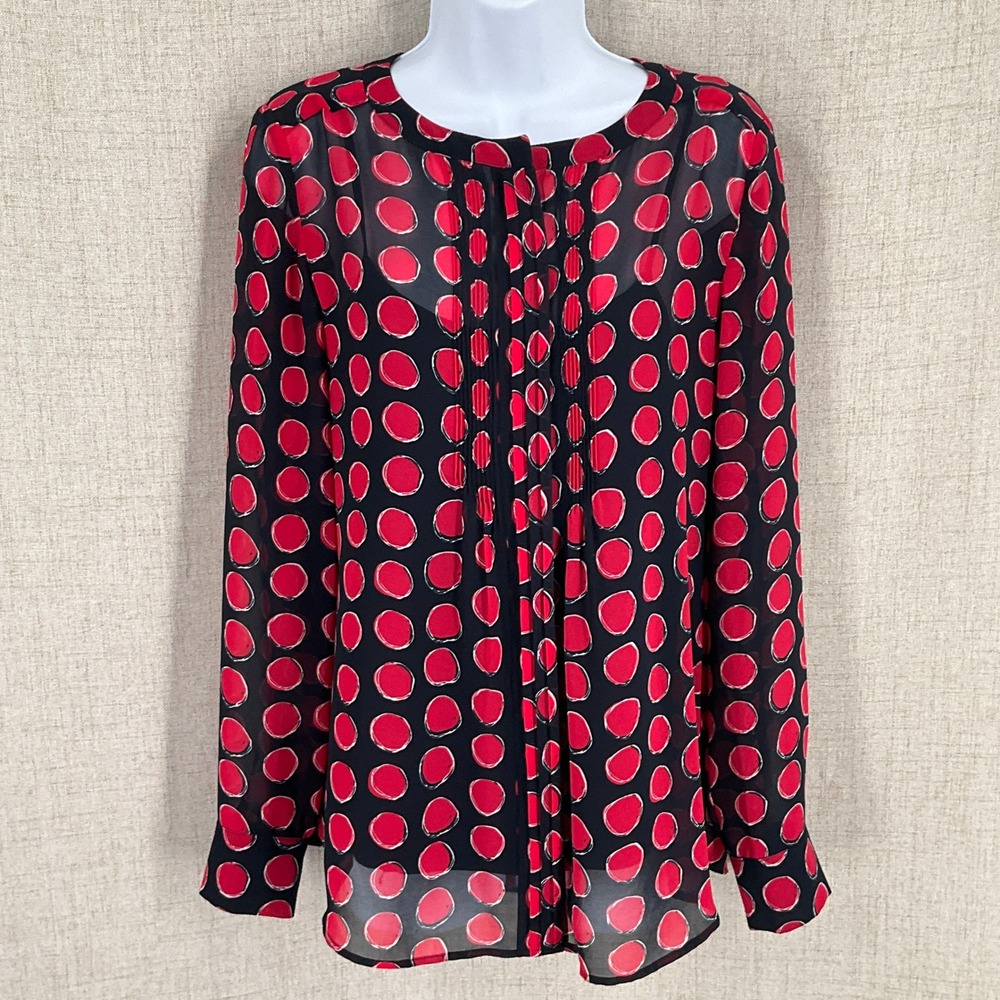 Banana Republic Blouse Women Small Red Black Polka Dot Pleated Sheer Office